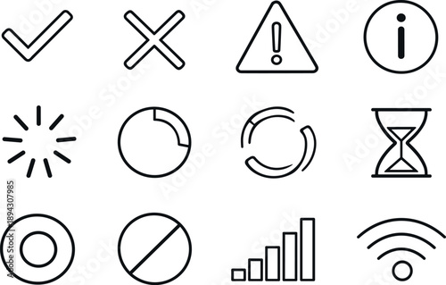 App Status Icons Grid. Line style vector icons of App status indicators: check, cross, warning, info; loading, progress, spinner,