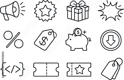 Line style icons of seasonal promotion: promo, limited, special, offer; percent, discount, savings, rebate; code