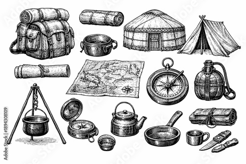 Vintage camping gear collection: compass, map, backpack, tent, kettle, more