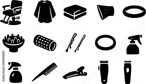 Image Generation. Solid vector icons of salon hair tools: styling chair, cape, towel, blow dryer nozzle, diffuser, hair roller,