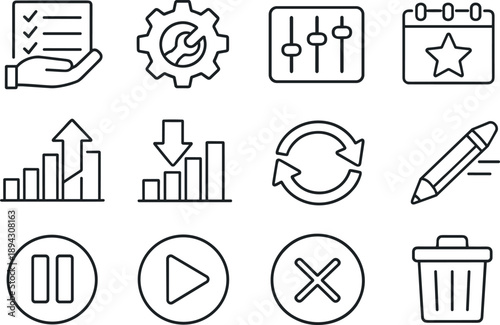 Image Generation. Line style vector icons of subscription management: manage, settings, control, plan; upgrade, downgrade, change,