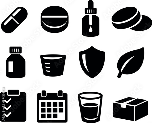 Image Generation. Solid vector icons of immune support supplements: capsule, tablet, dropper bottle, lozenge, syrup bottle,