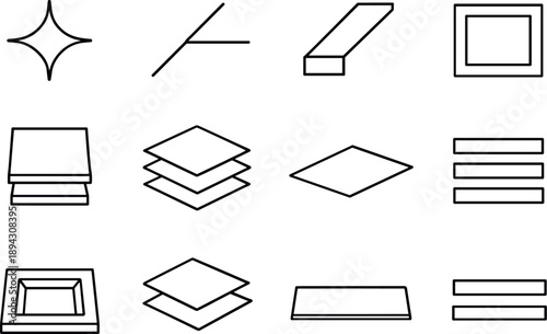  Line style icons of pressable design detail: highlight, shadowline, edge, inset; depth, layer, plane, level;