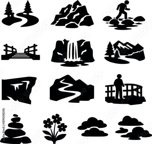 Solid vector icons of mountain trail experience: forest path, rocky slope, river crossing, wooden bridge,