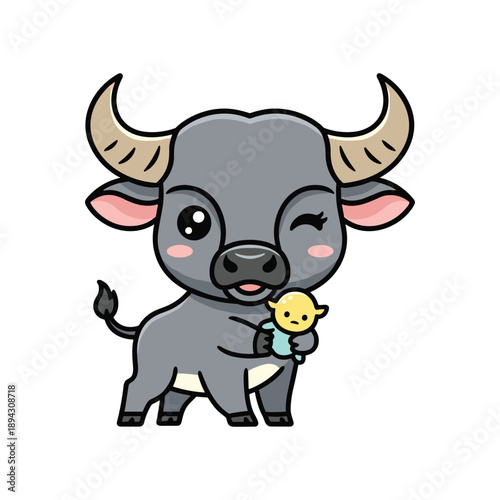 Cute cartoon bull holding adorable baby in gentle embrace