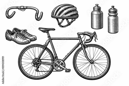 Vintage cycling gear collection with bicycle, helmet, shoes, and water bottles