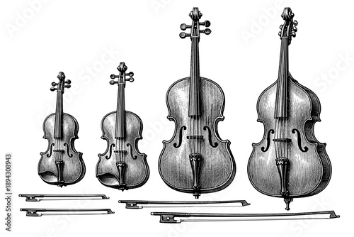 Detailed black and white illustration of violin, viola, cello, and double bass with bows