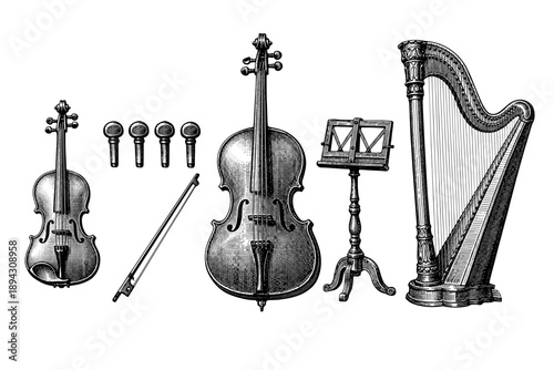 Vintage string instruments collection featuring violin cello harp music stand