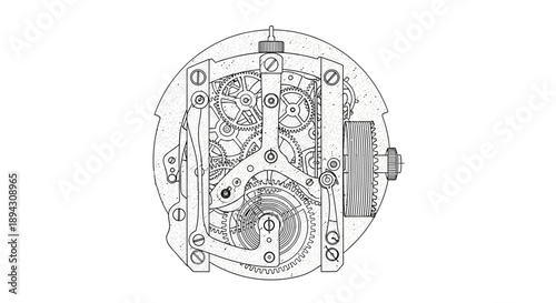 Technical drawing of complex mechanical clockwork movement with intricate gears, cogs, and precision engineering parts.