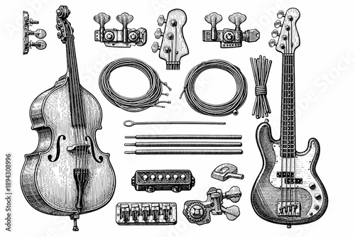 Vintage string instruments and components: bass, cello, strings, and accessories
