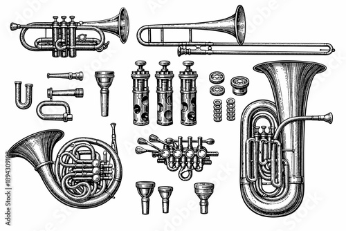 Vintage brass musical instruments collection with trumpet, french horn, tuba, and trombone illustrations