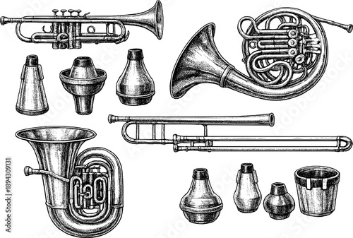 Collection of vintage brass instruments and mute accessories in black and white