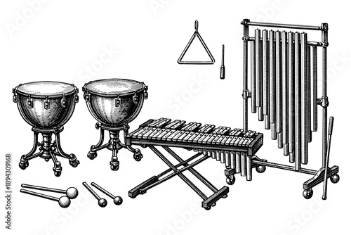 Vintage orchestral percussion instruments: timpani, xylophone, chimes, triangle