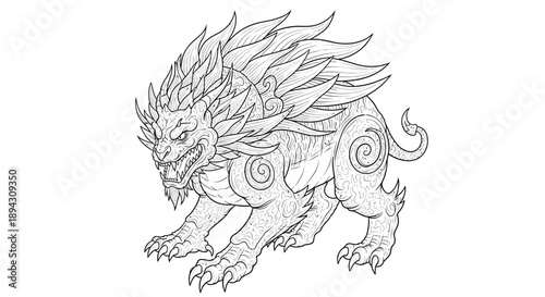 Majestic mythical beast line art drawing with spiky mane, fierce expression, and ornate patterns, fantasy creature outline for coloring