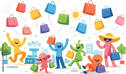 Sunny springtime city plaza bursting with energy as colorful shopping bags float like balloons around smiling abstract characters