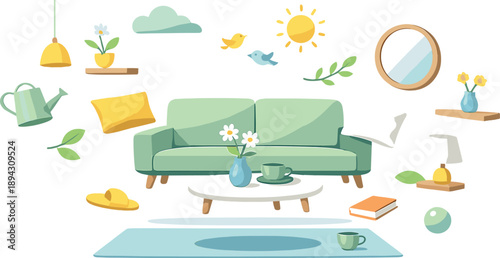 Sunlit living space transformed by minimal decor where objects hover gently into perfect balance, whimsical spring refresh