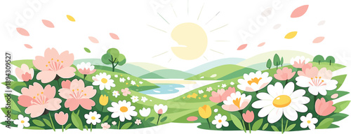 Sunlit meadow scene where blossoms open simultaneously across rolling hills, surreal spring rebirth atmosphere using illogical