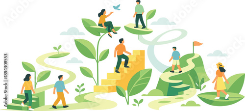 Sunlit spring scene shows abstract growth symbols like leaves, steps, and paths unfolding around moving figures, April renewal