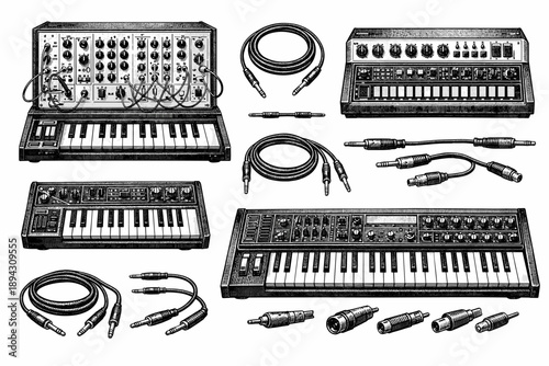 Vintage synthesizers and cables illustration