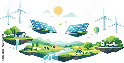 Sunlit landscape where renewable energy elements blend seamlessly with everyday life, optimistic scene conveyed through illogical