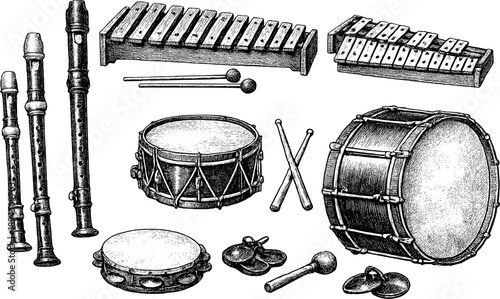 Vintage musical instruments: drums, xylophones, recorders, tambourine, cymbals