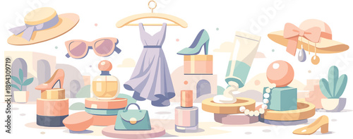 Pastel Abstract Harmony. Bright open courtyard glowing with muted spring pastels as abstract fashion elements float in harmonious