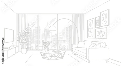 Modern Living Room Interior Line Art Illustration with City Skyline View. Stylish Home Outline Drawing for Interior Design Concepts