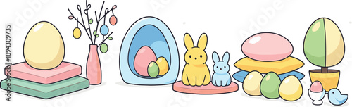 Sunny open interior arranged for Easter where pastel cushions, branches, and egg-inspired shapes align neatly like a curated