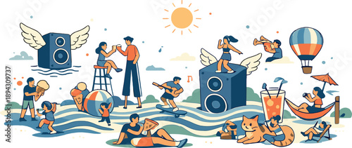 Sunny outdoor festival scene alive with movement as speakers sprout wings and rhythms ripple across the ground like waves, absurd