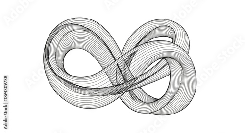 Abstract infinity symbol line art illustration, complex geometric knot with continuous flowing lines, isolated on white background