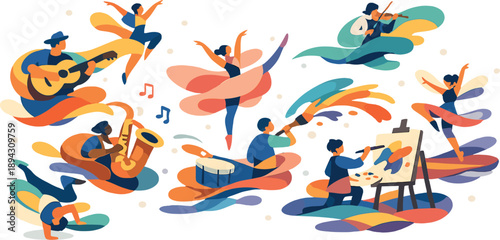 Sunny open plaza transformed into a cultural playground as dancers, musicians, and artists appear as flowing abstract forms