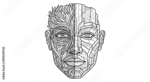 Conceptual human face illustration merging organic nature with geometric technology, intricate line art representing balance and duality.