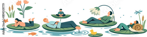 Quiet spring garden scene filled with slow movement as abstract figures rest on floating leaves aligned in perfect equilibrium,