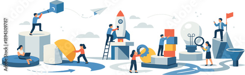 Sunny open plaza transformed into a modern innovation scene as minimal shapes snap into place and forward-moving paths suggest