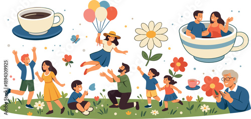 Whimsical Meadow Delights. Bright open meadow alive with cheerful motion as people enjoy small delights like hovering cups,