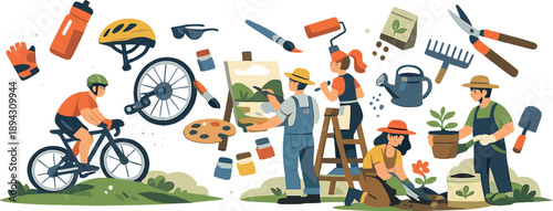 Bright open meadow filled with fresh enthusiasm as cyclists, painters, and gardeners move among hovering tools and gear that