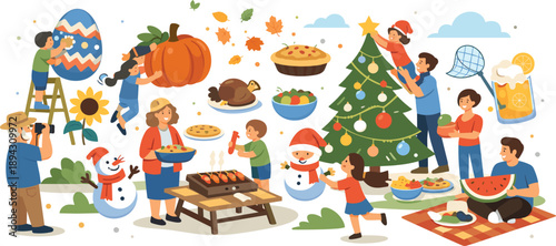 Sunny open garden alive with togetherness as family members interact with hovering elements of seasonal crafts, decorations, and