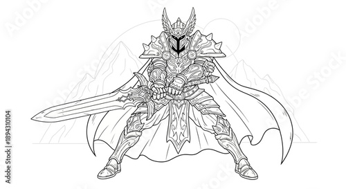 Detailed black and white line art illustration of a heroic fantasy knight warrior in full ornate armor holding a powerful sword