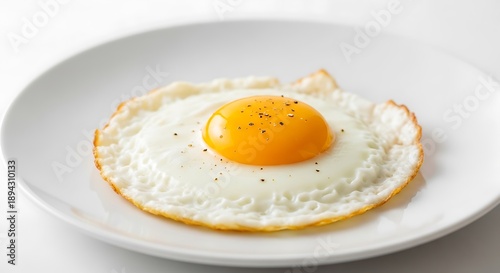 Fried Egg on White Plate with Yellow Yolk and Black Pepper