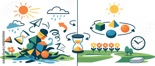 Fresh spring field transforming mid-scene where chaotic elements gently realign into orderly forms, floating objects rotating as