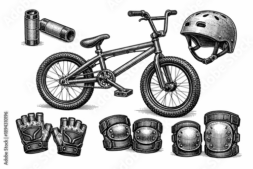 Detailed black and white bmx bicycle accessories illustration with helmet and protective gear
