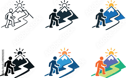 Personal awakening icon illustrating a lone figure advancing step by step toward a symbolic summit, conveying inner strength,