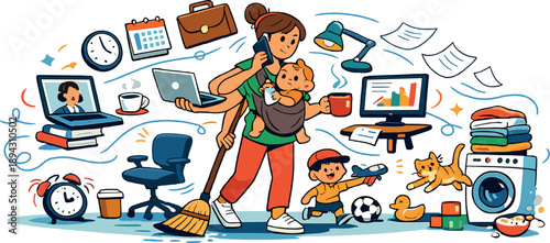 Digital multitasking parent scene sweeping across a minimal environment as work and home elements move together in constant