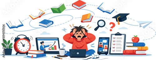Online learning overload scene sweeping across a minimal environment as textbooks fly endlessly in looping paths, effort and