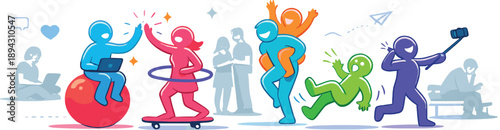 Virtual presence scene sweeping across a minimal environment as glowing avatars move freely while real bodies fade into