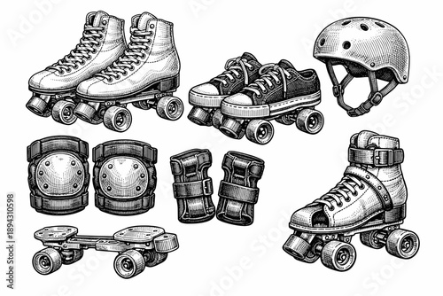 Detailed vintage roller skates and protective gear set in black and white