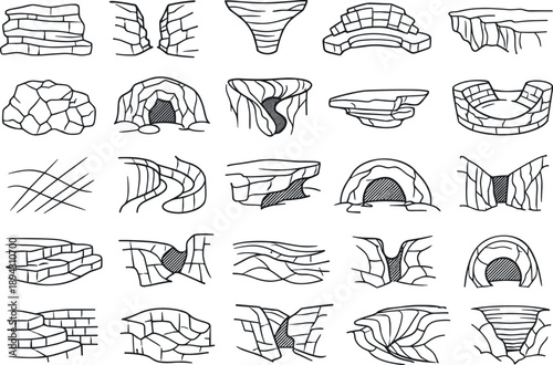 Line vector icons of geological acoustics: stratified rock face, narrow passage icon, acoustic funnel, natural amphitheater shape