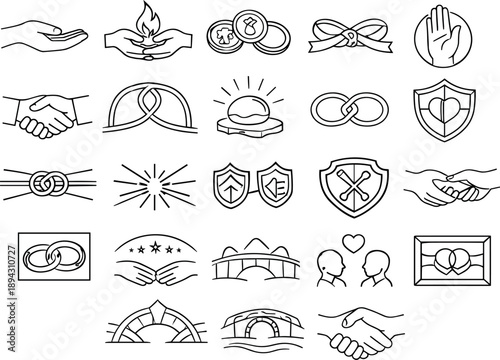 Line vector icons of symbolic acts of trust: offering gesture, shared flame, twin tokens, pact ribbon, oath ring, trust handshake