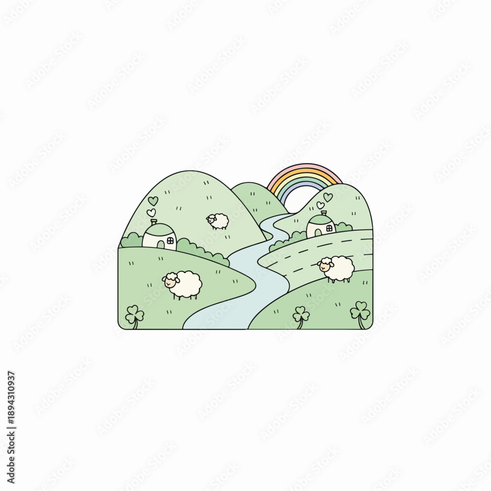 Fototapeta premium Cartoon countryside landscape with sheep, hills, and rainbow 