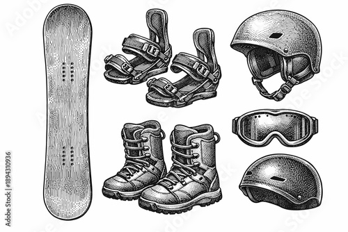 Vintage snowboarding gear set with helmet boots bindings board and goggles